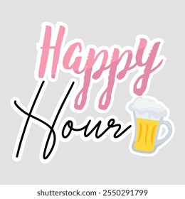 Happy Hour - Playful Pink Script and Black Cursive Text with Beer Mug Illustration