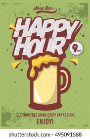 Happy Hour Poster  For Advertising. Beer Mug Illustration. Comic Inscription. Grunge Background. Vector Image. 