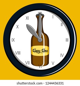 Happy hour poster with a beer bottle inside a clock. Vector illustration design