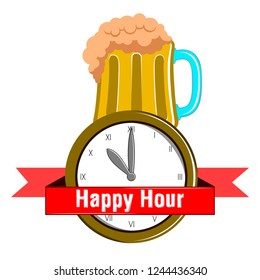 Happy hour poster with a beer glas and clock. Vector illustration design