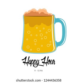 Happy hour poster with a beer glass. Vector illustration design