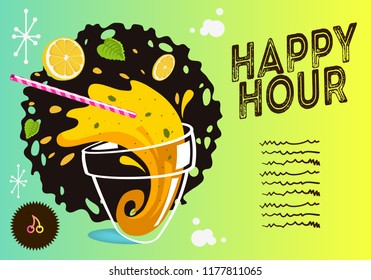 Happy Hour Poster Design  On A Green And Yellow Gradient Background Vector Image.