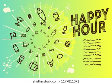 Happy Hour Poster Design  On A Green And Yellow Gradient Background Vector Image.