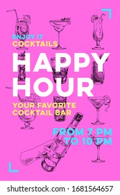 Happy hour poster design template for cocktail bar, hand drawn retro vector illustration. Set of alcoholic drinks with inscription, vintage-style sketch on pink background.