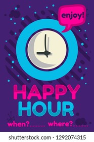 Happy Hour Poster Flyer Design Pink Sky Blue Purple Colors Vector Graphic