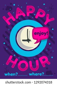 Happy Hour Poster Flyer Design Pink Sky Blue Purple Colors Vector Graphic