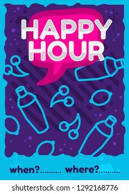 Happy Hour Poster Flyer Design Pink Sky Blue Purple Colors Vector Graphic