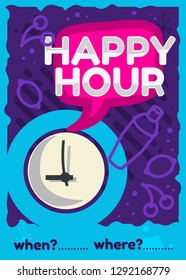 Happy Hour Poster Flyer Design Pink Sky Blue Purple Colors Vector Graphic