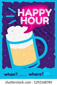 Happy Hour Poster Flyer Design Pink Sky Blue Purple Colors Vector Graphic