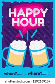 Happy Hour Poster Flyer Design Pink Sky Blue Purple Colors Vector Graphic
