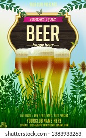 Happy Hour poster or flyer. A realistic glass of beer on spring background. Season vector template for web, poster, flyer, an invitation to a party