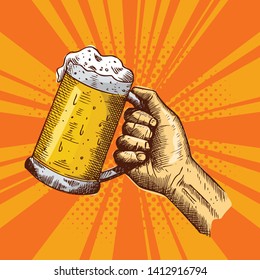 Happy Hour Poster, Hand drawn of hand holding a glass of beer. Vector