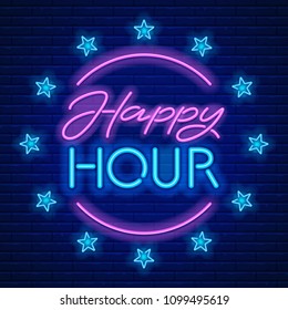 Happy Hour. Realistic neon sign on brick wall background. Vector illustration.