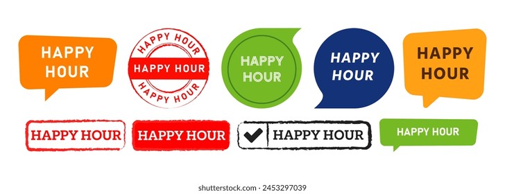 happy hour rectangle circle stamp and speech bubble label sticker sign for fun today