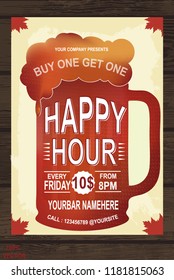 Happy Hour retail shopping template. Free beer offer banner design template. Vintage illustration template for web, poster, flyer, invitation to party. Vector stock EPS 10.