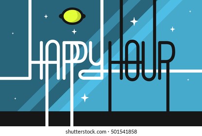 Happy Hour San Serif Custom Lettering On A Night Sky Space Background  For Advertising.  Vector Image. 