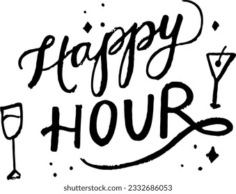 Happy Hour script text. Custom hand lettering good for greeting cards, tshirt, poster, banners, flyers, etc. Vector illustration.