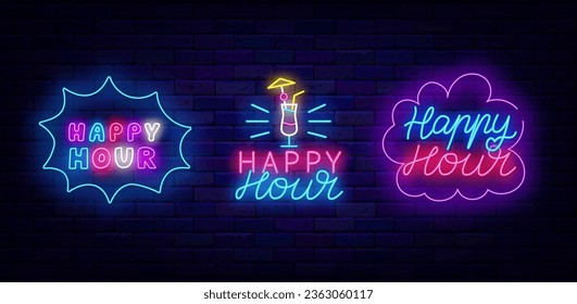 Happy hour signs collection. Speech bubble and explosion frames. Special offer and discount. Cocktail icon. Bar and cafe label. Glowing banner on brick wall. Editing text. Vector stock illustration