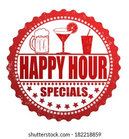 Happy hour specials grunge rubber stamp on white, vector illustration