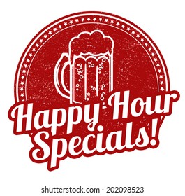 Happy hour specials grunge rubber stamp on white background, vector illustration