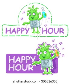 "Happy Hour" Sticker Design. Vector Illustration: Funny Green Alien with Bottle. Label "Happy Hour" Concept