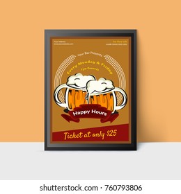 Happy Hour template with beer mugs for web, poster, flyer, invitation to party in yellow colors. Vintage style.