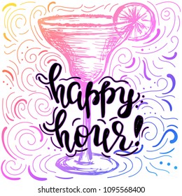 Happy hour template with hand drawn martini glass and swirls.