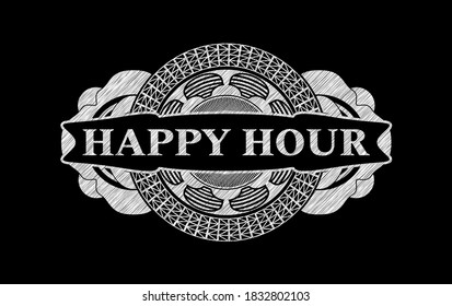 Happy-Stunde Text in Kreide Blackboard realistische Abzeichen. Chalkboard exquisiter Hintergrund. Illustration. 