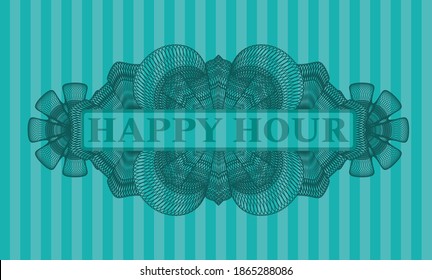 Happy hour text inside Currency Turquoise badge. Bars delicate background. Intense illustration. 