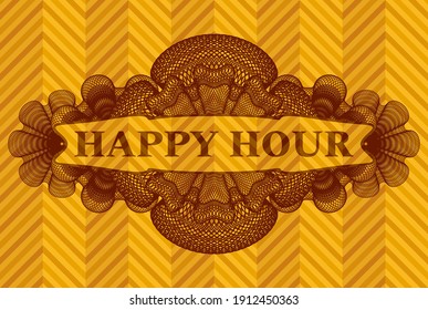 Happy hour text inside Linear orange badge. Geometric chic background. Artistic illustration. 