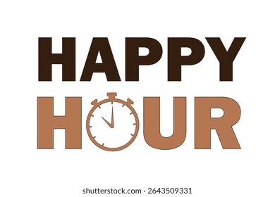 Happy hour text with stopwatch icon replacing letter O in word HOUR on white background, vector concept