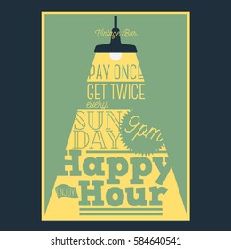 Happy Hour Typographic Poster Design With A Beam Of Light.  Vector Graphic.