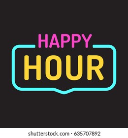 Happy hour. Vector badge, neon effect illustration on dark background.