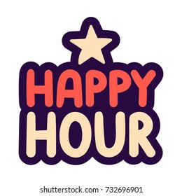 Happy hour. Vector hand drawn label, badge, sticker with star icon, illustration on white background.