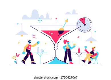 Happy hour vector illustration. Flat tiny cheap alcohol time persons concept. Get second drink for free promotion in bars and pubs. Refreshment beverage special discount. Fun booze advertisement shots