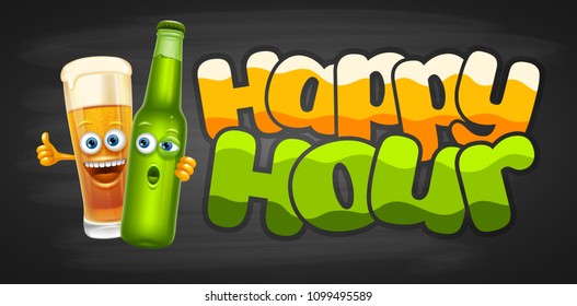 Happy Hour. Vintage vector illustration with lettering and cute cheerful beer glass and bottle. 