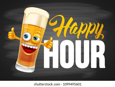 Happy Hour. Vintage vector illustration with lettering and cute cheerful beer glass. 