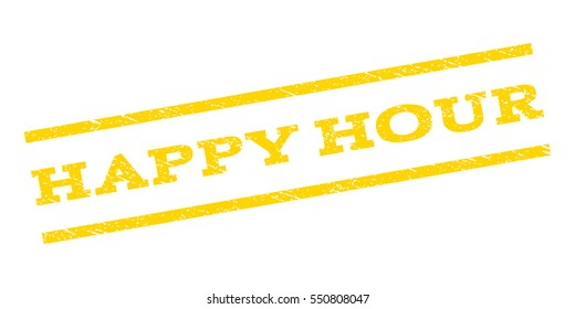 Happy Hour watermark stamp. Text tag between parallel lines with grunge design style. Rubber seal stamp with unclean texture. Vector yellow color ink imprint on a white background.
