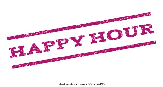 Happy Hour watermark stamp. Text caption between parallel lines with grunge design style. Rubber seal stamp with unclean texture. Vector purple color ink imprint on a white background.