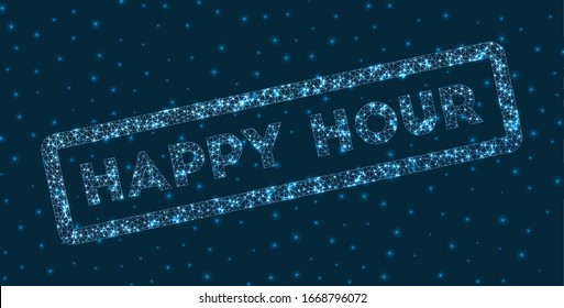 Happy hour word in digital style. Glowing geometric happy hour badge. Stylish vector illustration.