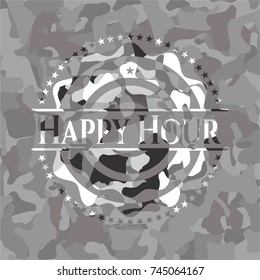 Happy Hour written on a grey camouflage texture