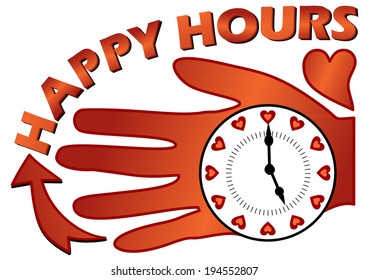 Happy hours billboard with a clock on the palm in composition with a heart