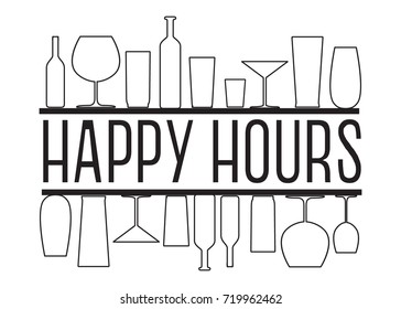 Happy hours black and white vector text with countour glasses and bottles on the bar shelves.