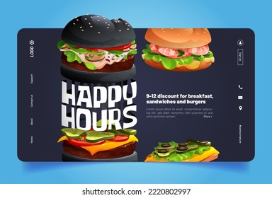 Portada de dibujos animados Happy Horas con deliciosas hamburguesas. Evento promocional de comida rápida en restaurante de comida rápida para llevar, café o bistró. Menú de comidas basura para hamburguesas tradicionales, banner web Vector