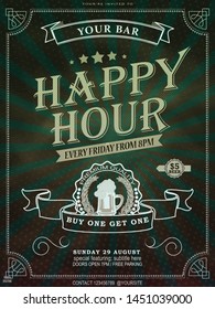 Happy Hours flyer in art deco style, banner or template design with beer mug icons and geometric shapes on grunge green background with frame.
