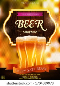 Happy Hours flyer, banner or template design with a beer glass, WOODEN BANNER  on MESH background. Business concept background, art template, logo, labels, layout, badge, banner. EPS 10