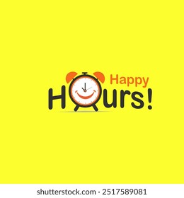 logotipo Happy Hours com um relógio Smiley vetorial. Logotipo para comida, bebidas, Café, Restaurantes, Bar, Promoções de bares, Publicidade