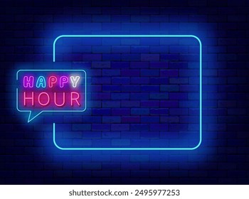 Happy hours neon banner. Empty blue frame and typography. Eating design. Shiny flyer. Night club, free drinks and free entry, bar and restaurant. Editable stroke. Copy space. Vector stock illustration