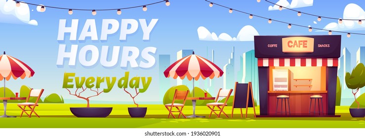 Happy hours in outdoor cafe with coffee and snacks