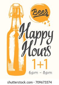 Happy hours poster. Vector illustration with bottle of beer in sketch style for bar. Drink menu for celebration. Special offer.